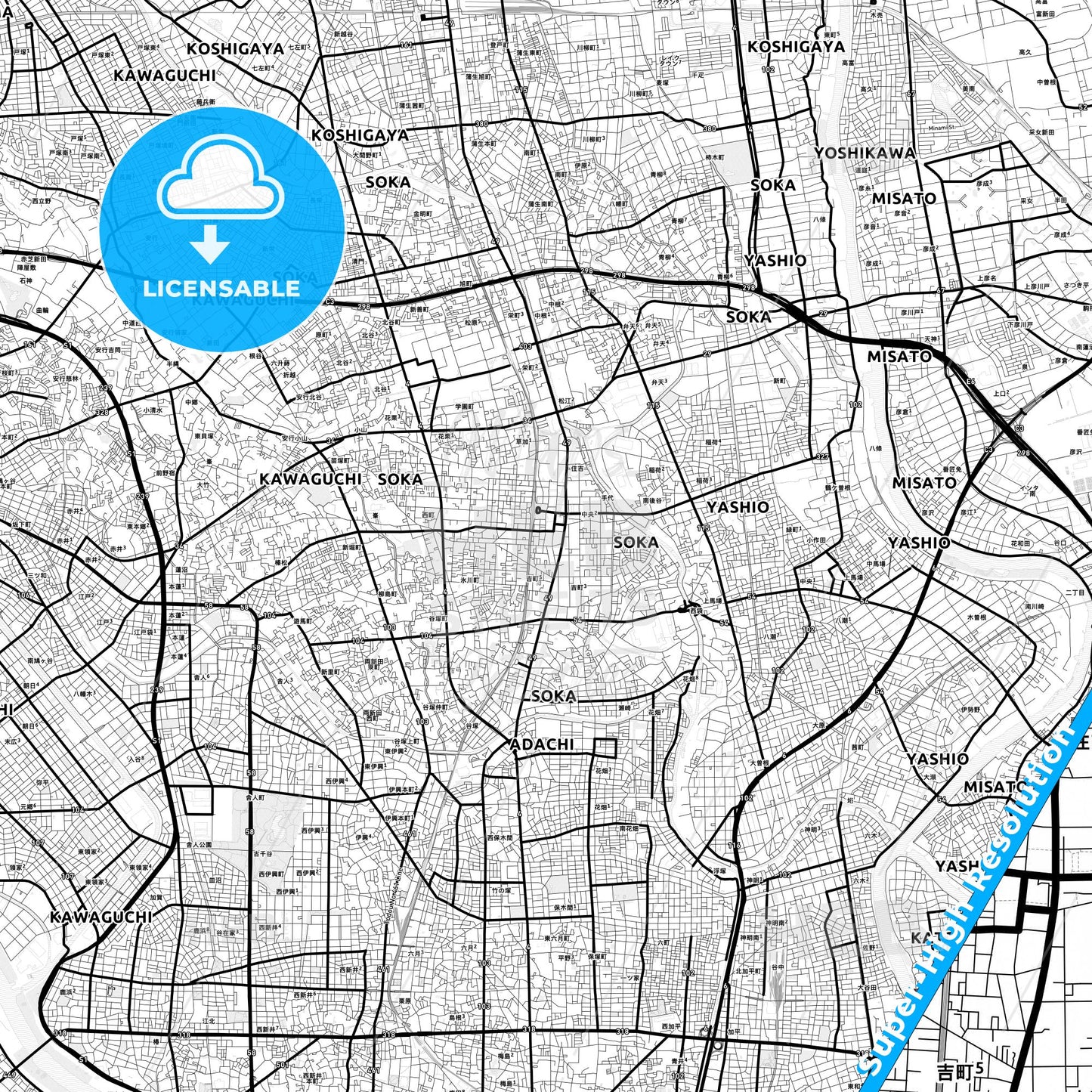 Sōka, Japan Light Map with Street Names, City Names, and Districts