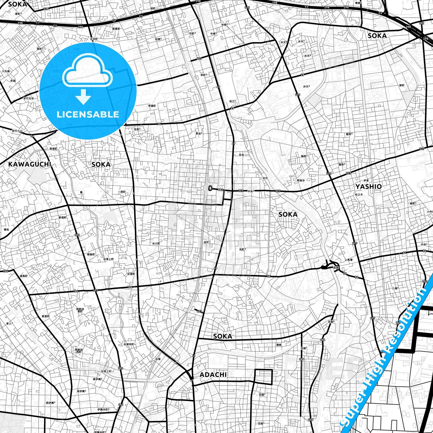 Sōka, Japan Light Map with Street Names, City Names, and Districts