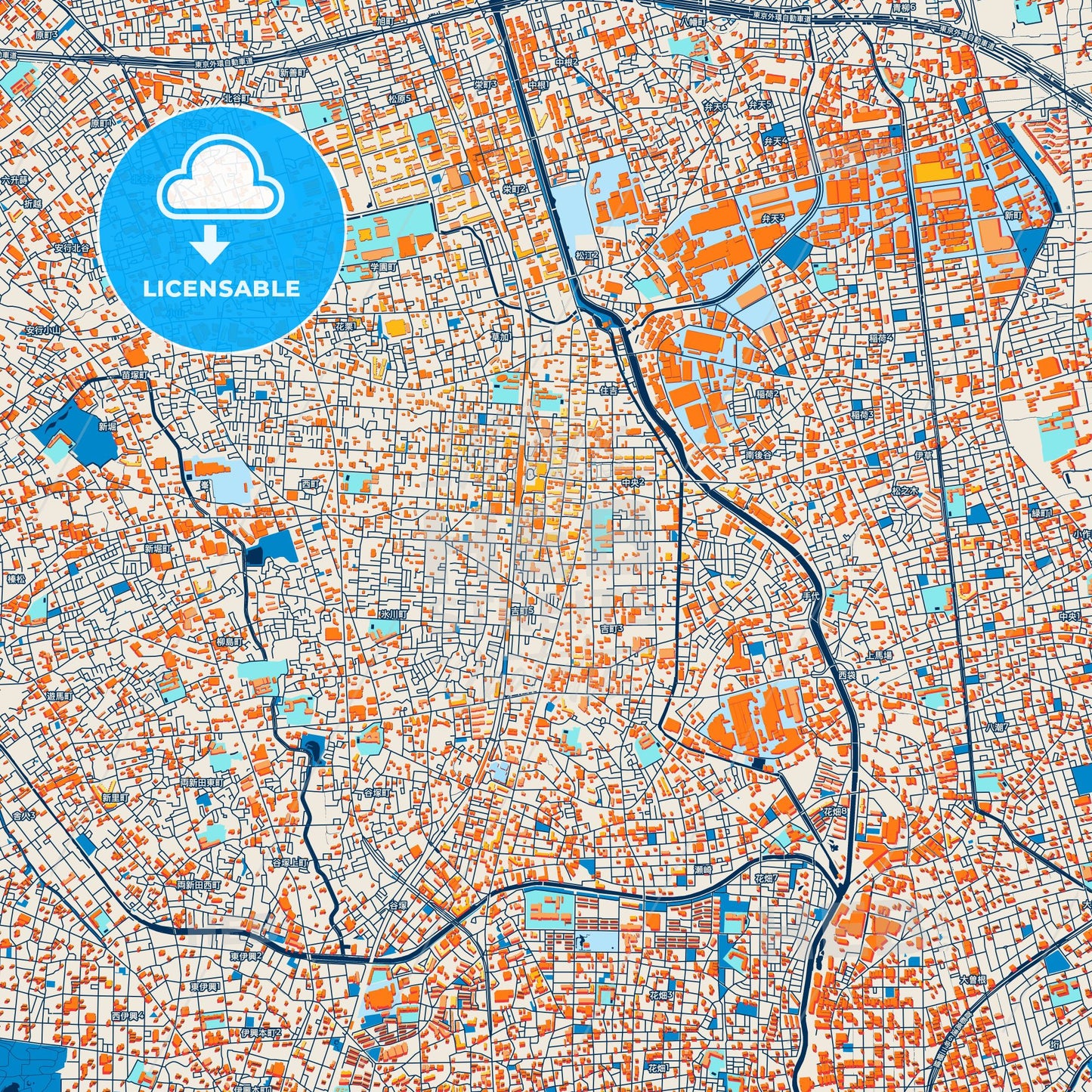 Colorful Sōka Street Map with Labels and Buildings