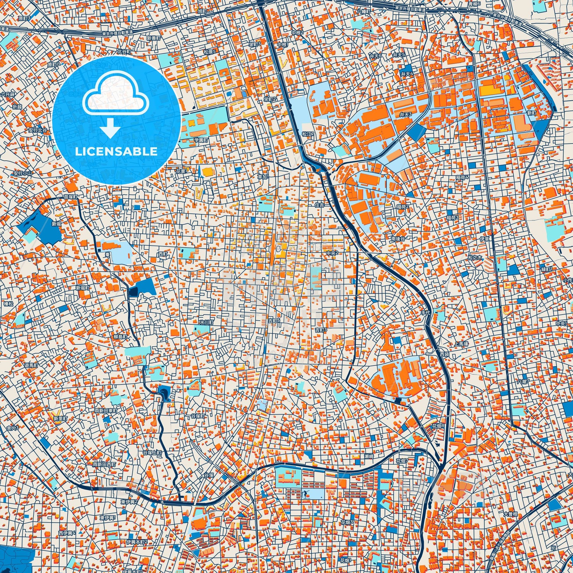 Colorful Sōka Street Map with Labels and Buildings