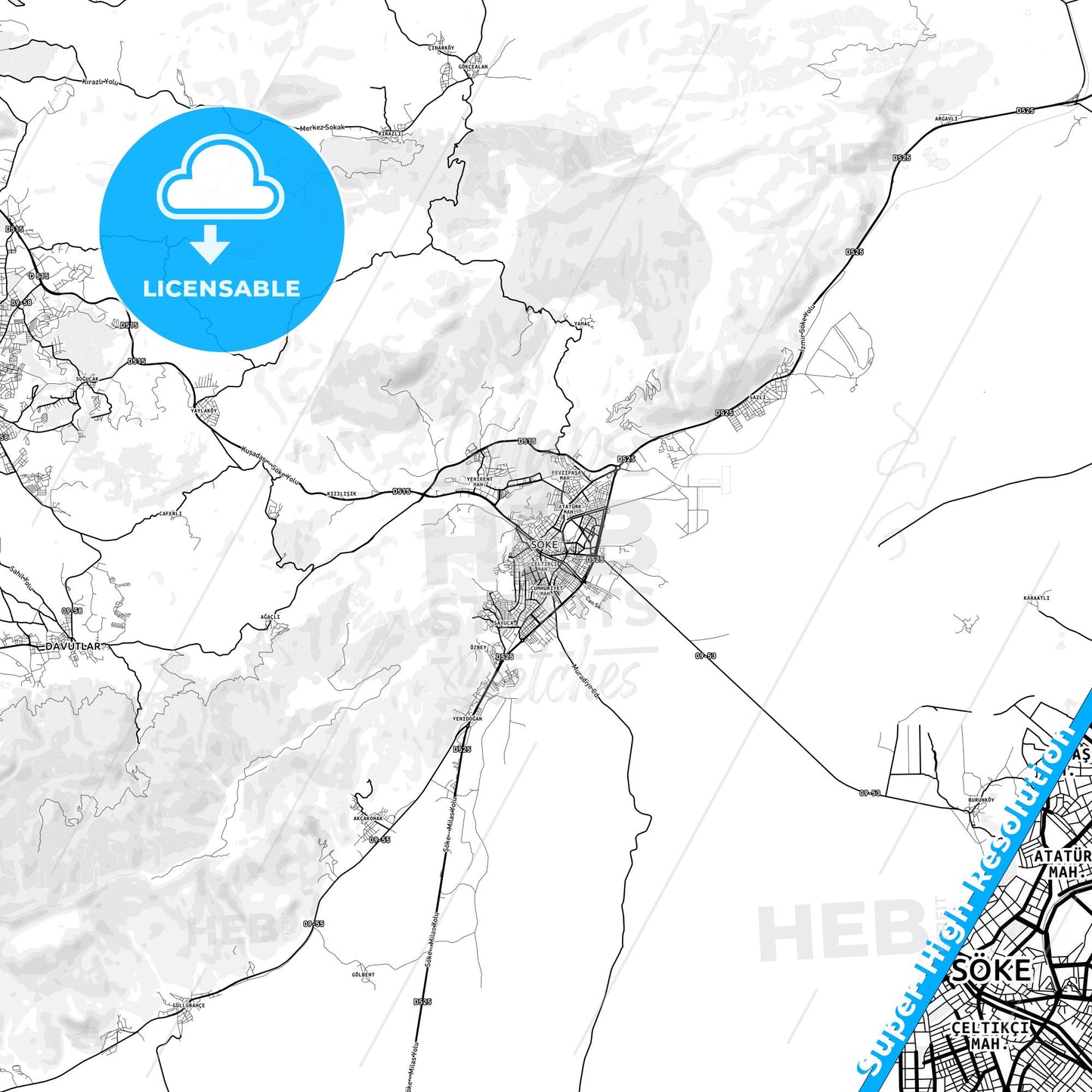 Söke, Turkey light map with streetnames, citynames and districts