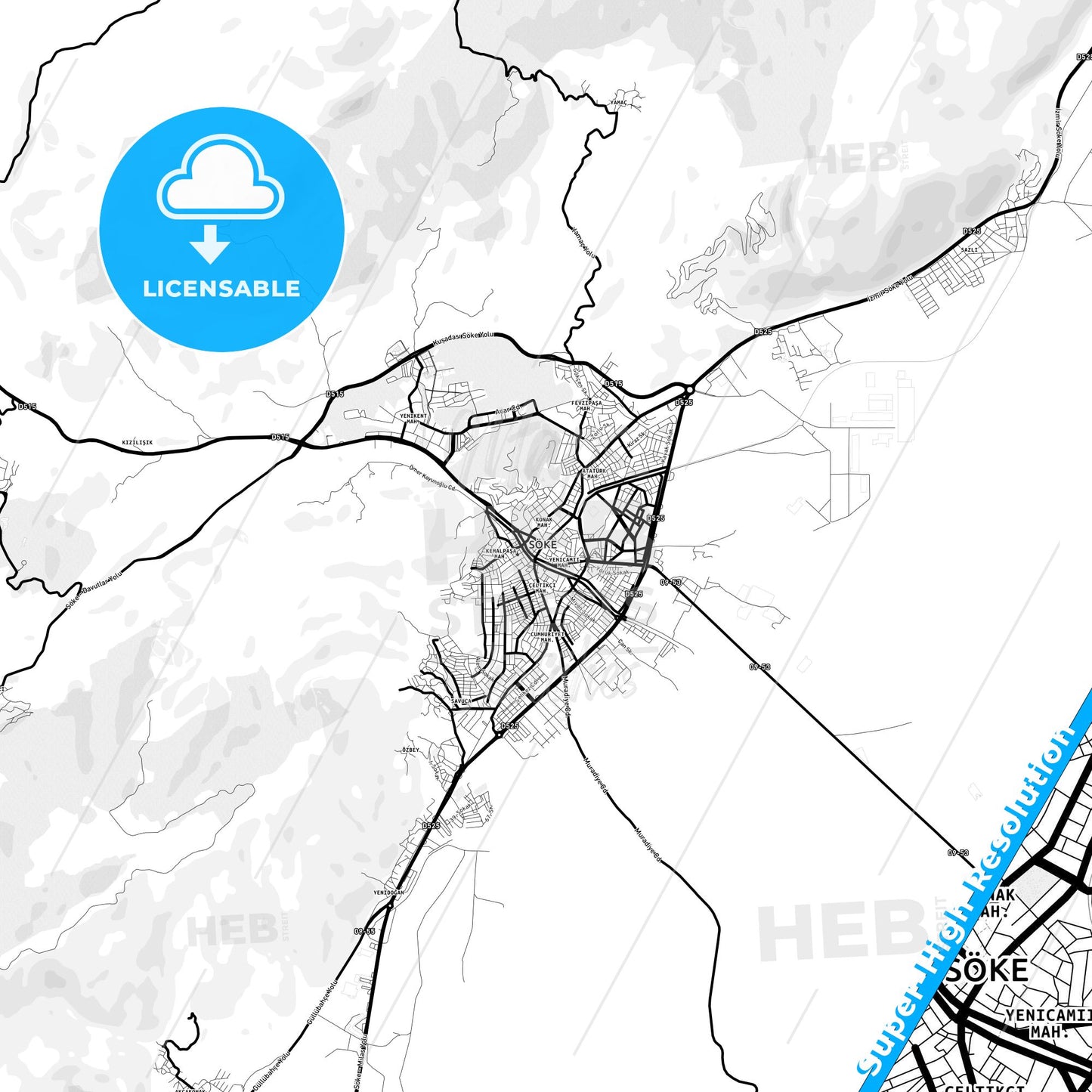 Söke, Turkey Light Map with Street Names, City Names, and Districts