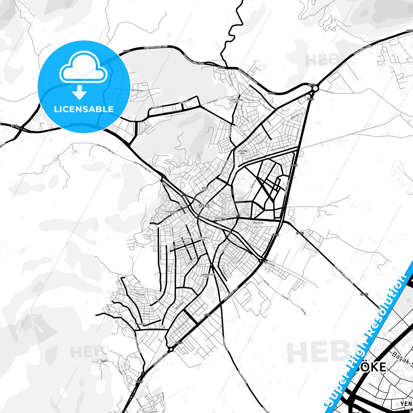 Söke, Turkey Light Map with Street Names, City Names, and Districts