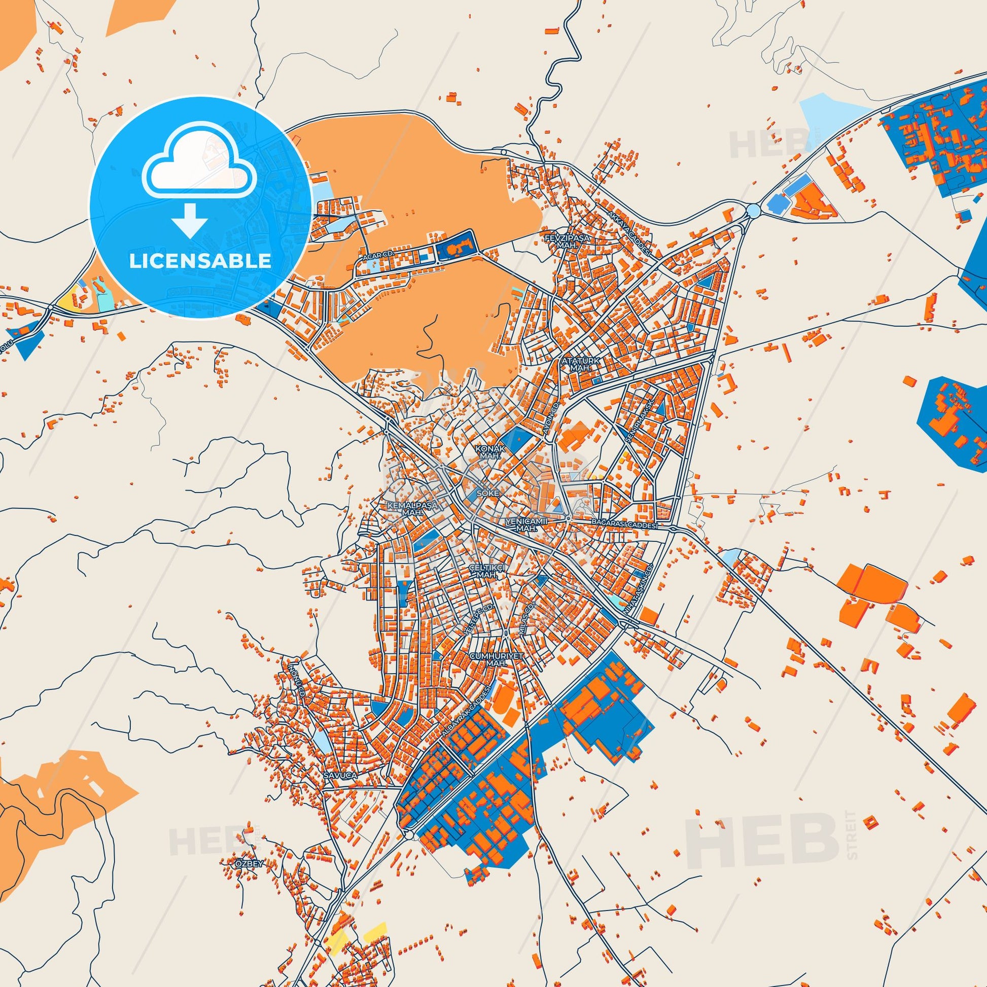Colorful Söke Street Map with Labels and Buildings