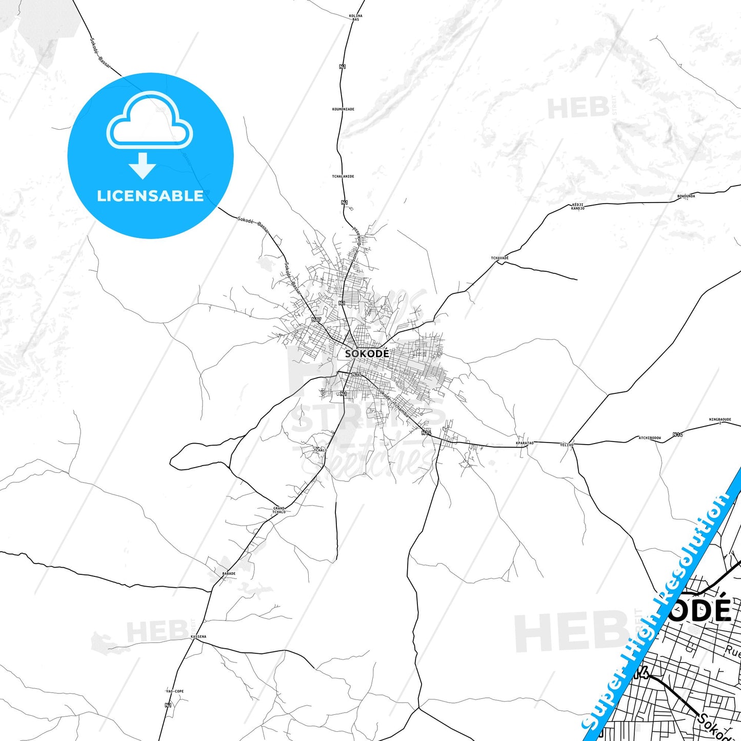 Sokode, Togo light map with streetnames, citynames and districts