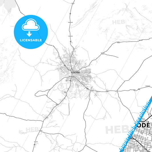 Sokode, Togo light map with streetnames, citynames and districts