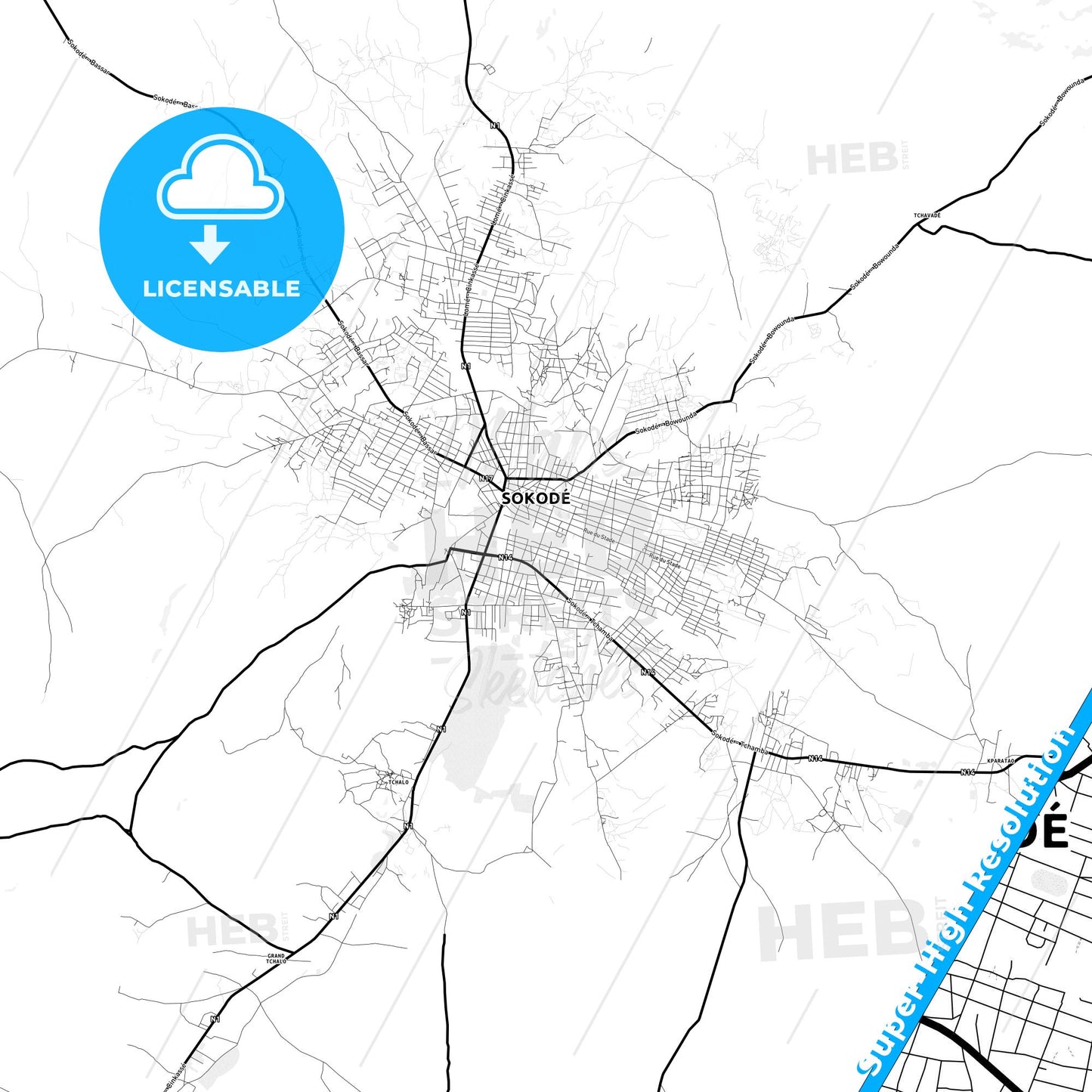 Sokode, Togo Light Map with Street Names, City Names, and Districts