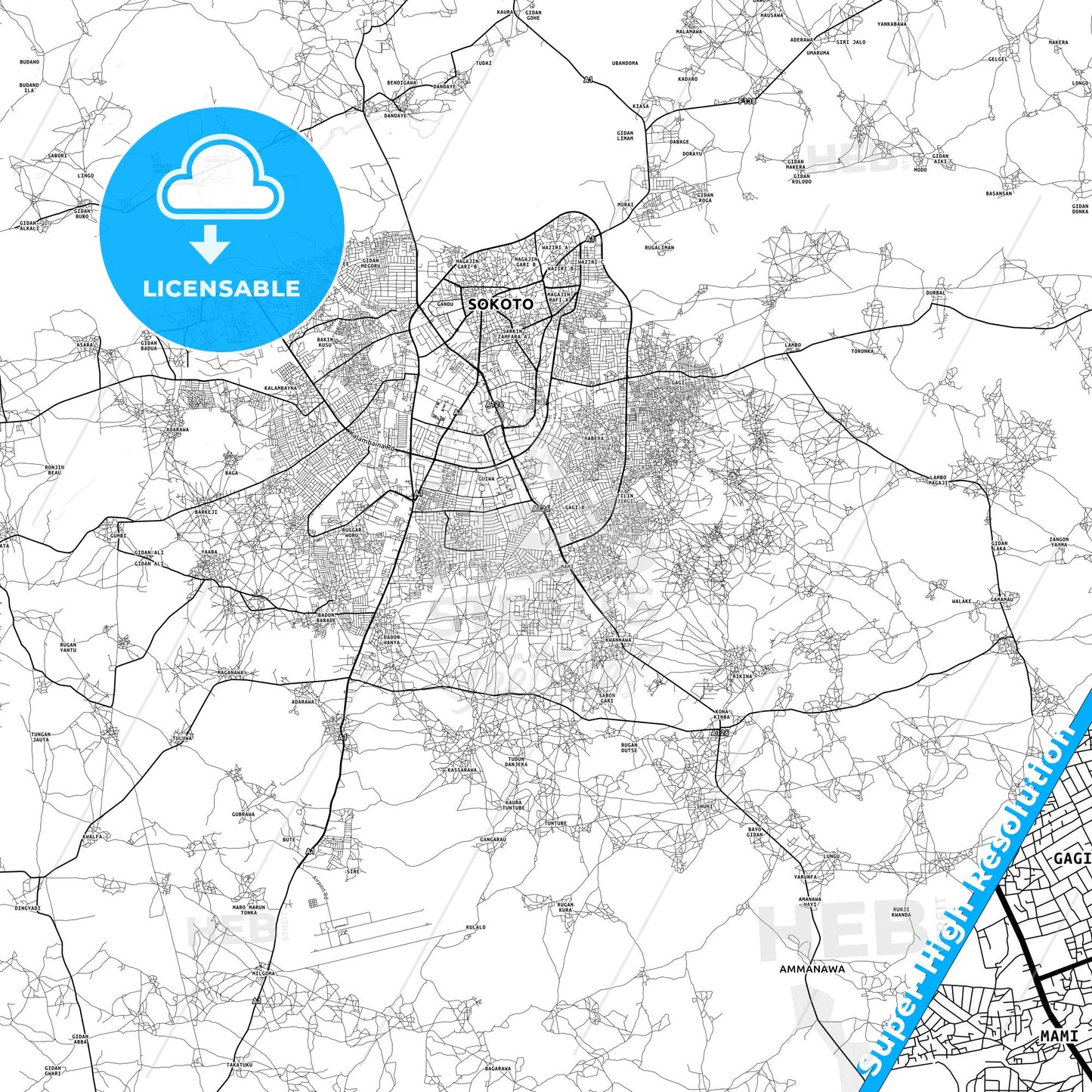 Sokoto, Nigeria light map with streetnames, citynames and districts