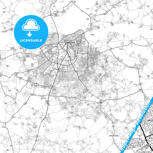 Sokoto, Nigeria light map with streetnames, citynames and districts