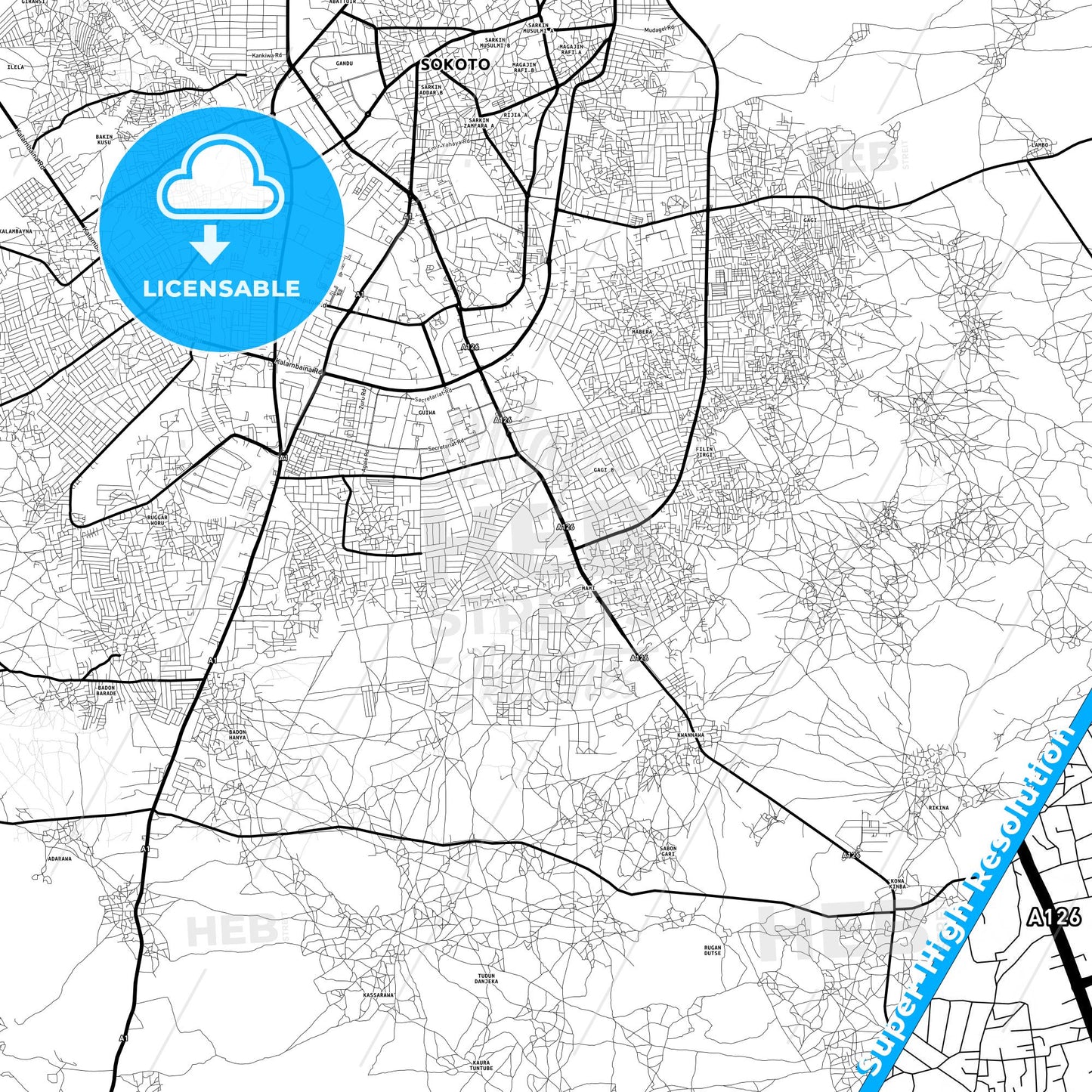 Sokoto, Nigeria Light Map with Street Names, City Names, and Districts