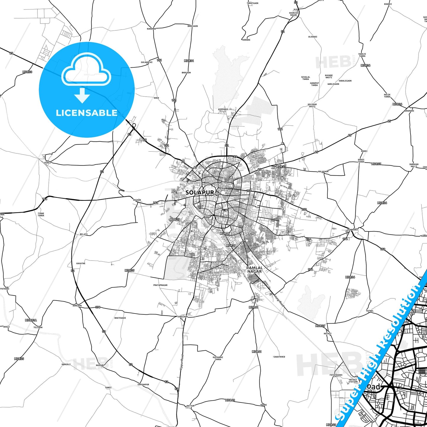 Solapur, India light map with streetnames, citynames and districts