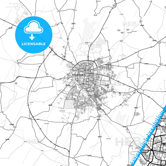 Solapur, India light map with streetnames, citynames and districts