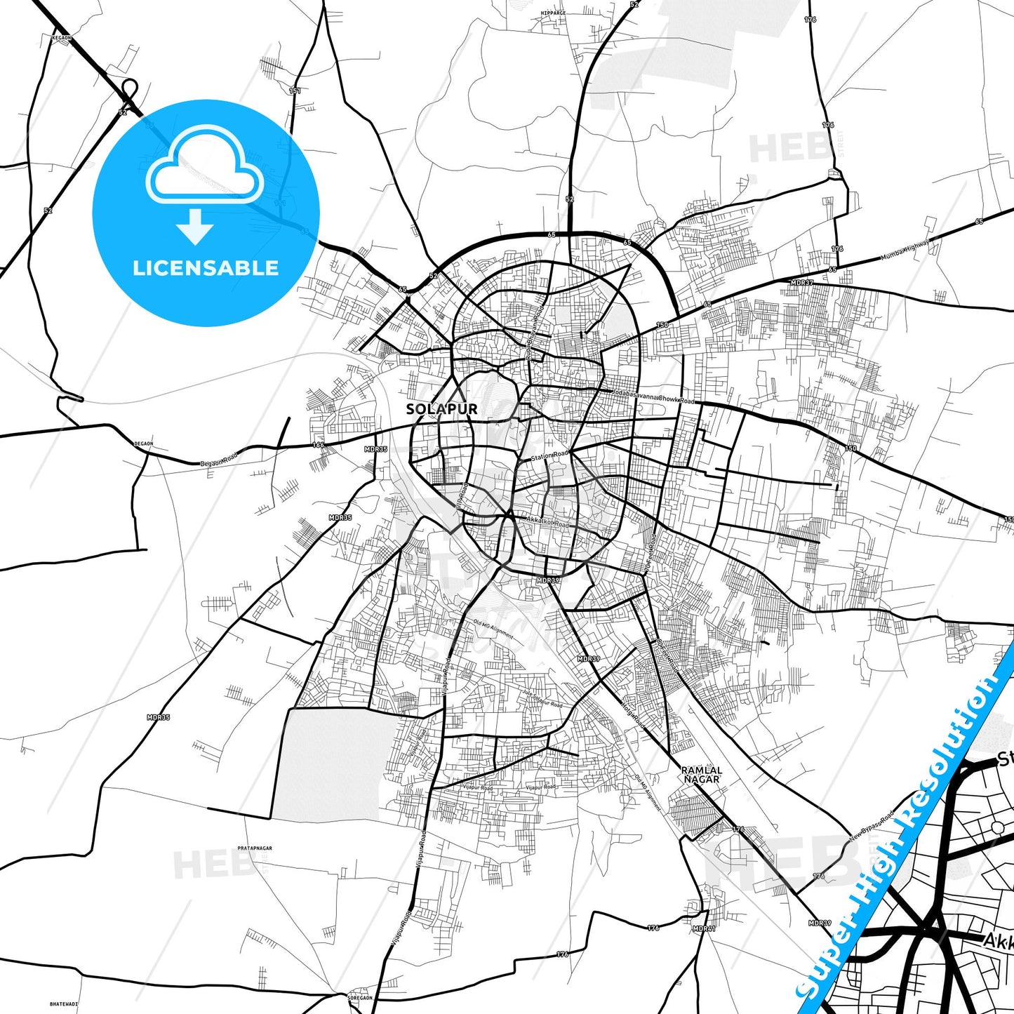 Solapur, India Light Map with Street Names, City Names, and Districts