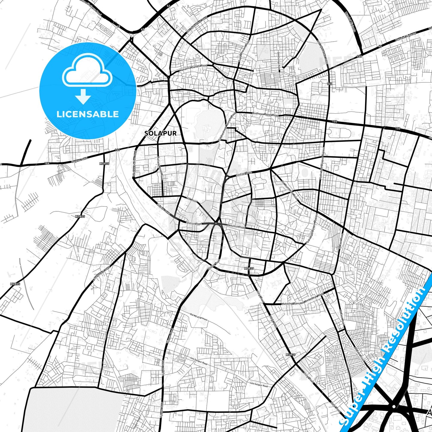 Solapur, India Light Map with Street Names, City Names, and Districts