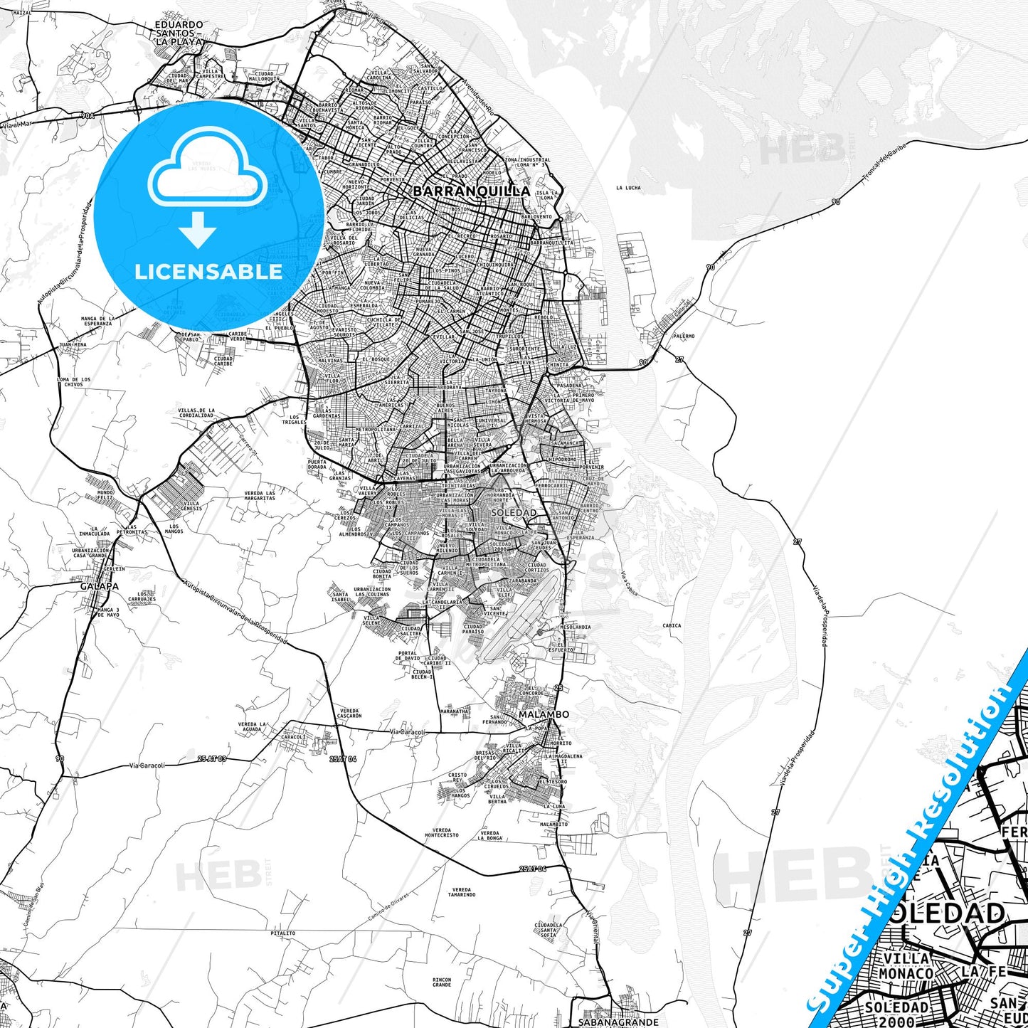 Soledad, Colombia light map with streetnames, citynames and districts