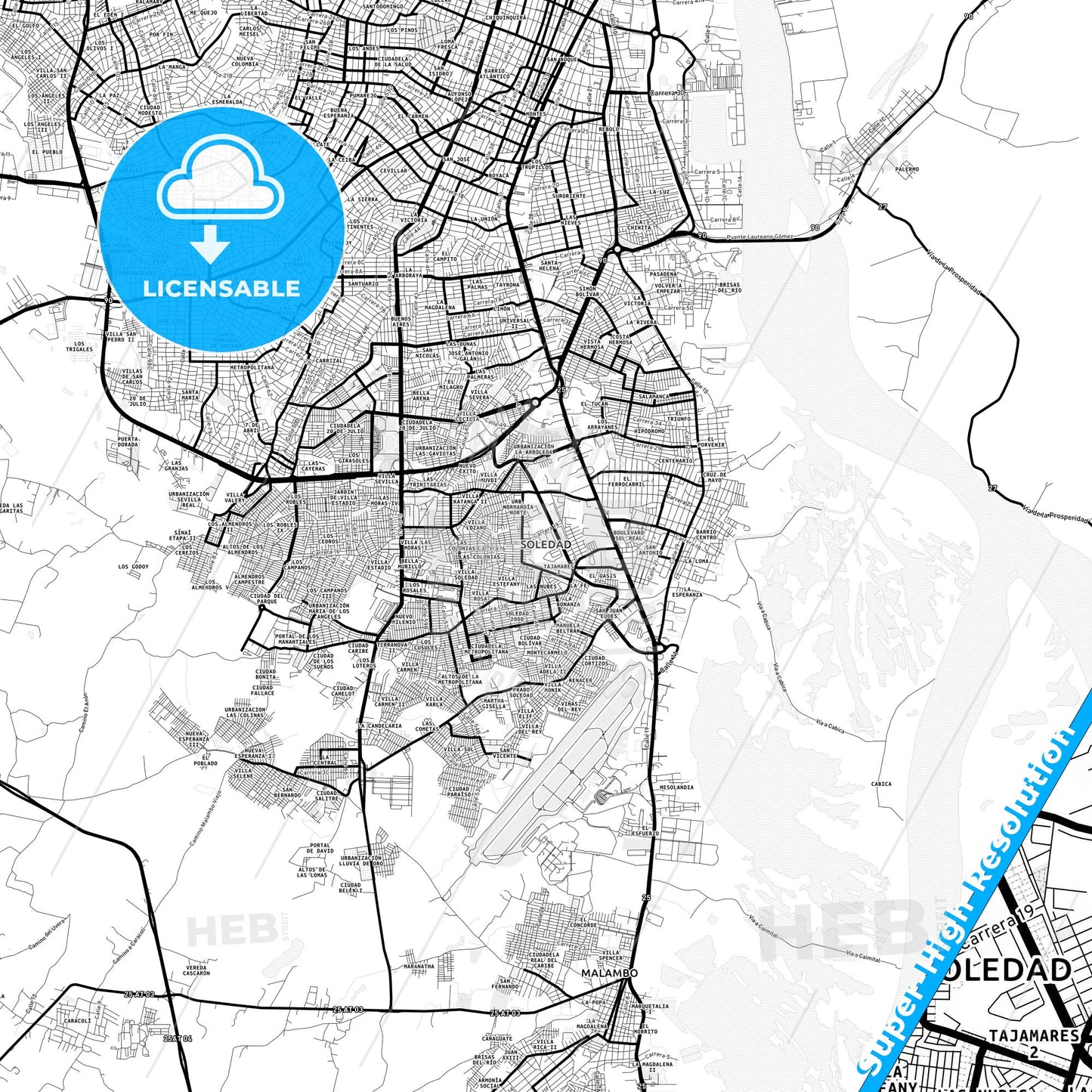 Soledad, Colombia Light Map with Street Names, City Names, and Districts