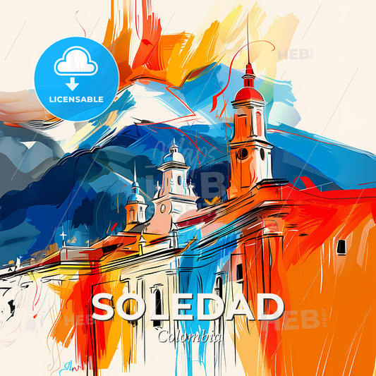 Vibrant Soledad, Colombia - A Painting Of A Building With A Mountain In The Background - Square format print template
