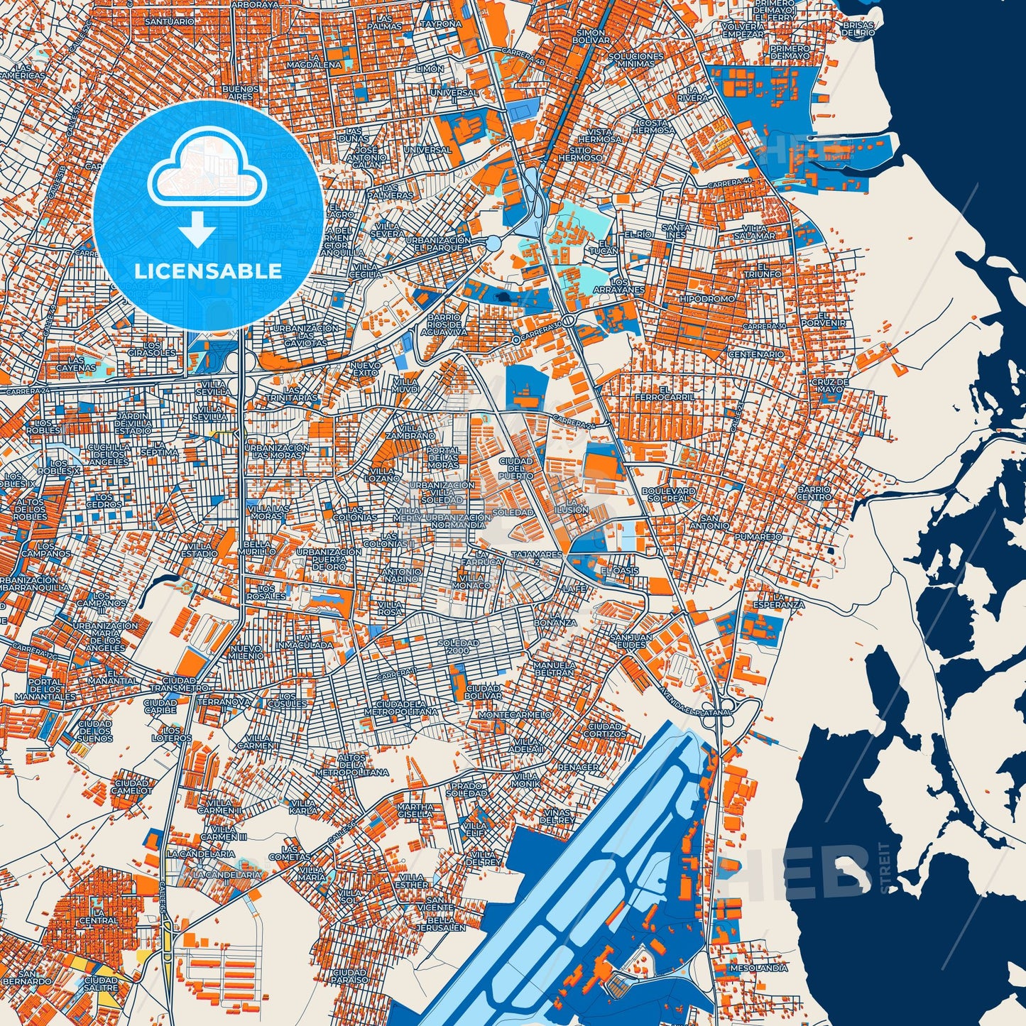 Colorful Soledad Street Map with Labels and Buildings