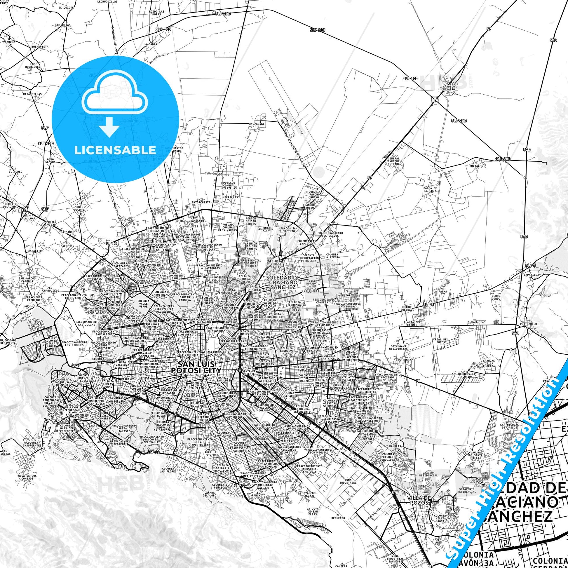 Soledad de Graciano Sánchez, Mexico light map with streetnames, citynames and districts