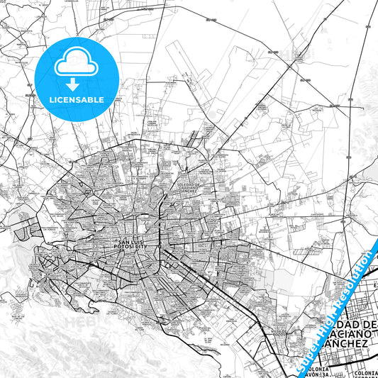 Soledad de Graciano Sánchez, Mexico light map with streetnames, citynames and districts