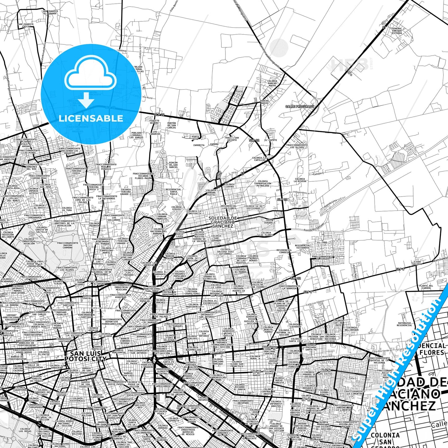 Soledad de Graciano Sánchez, Mexico Light Map with Street Names, City Names, and Districts