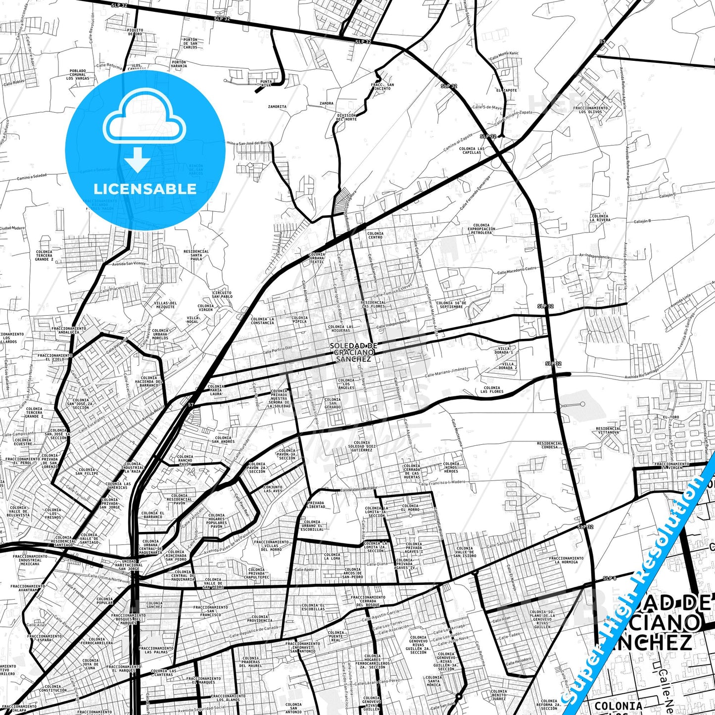 Soledad de Graciano Sánchez, Mexico Light Map with Street Names, City Names, and Districts