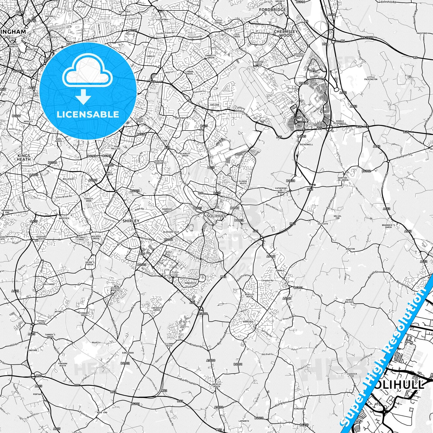 Solihull, England light map with streetnames, citynames and districts