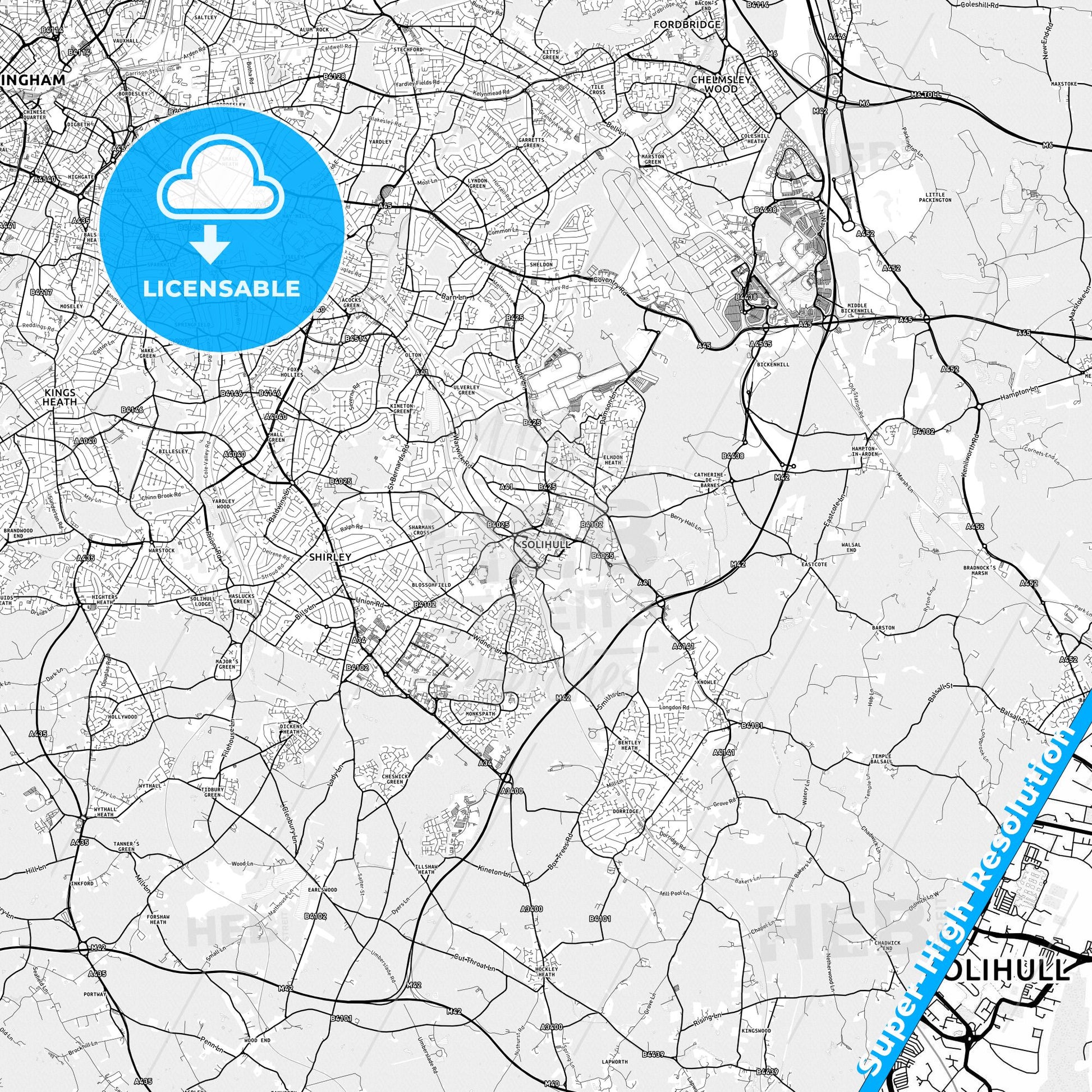 Solihull, England light map with streetnames, citynames and districts