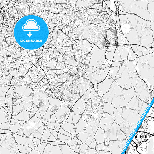 Solihull, England light map with streetnames, citynames and districts