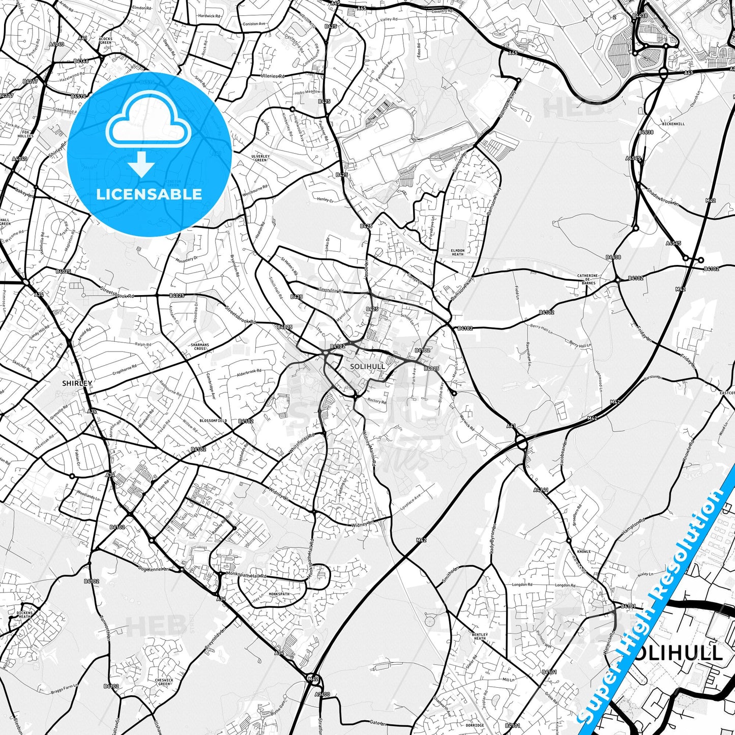 Solihull, England Light Map with Street Names, City Names, and Districts