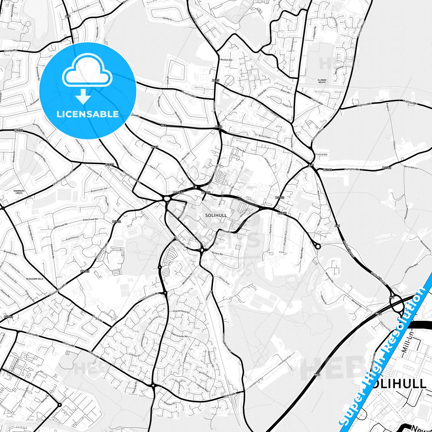Solihull, England Light Map with Street Names, City Names, and Districts