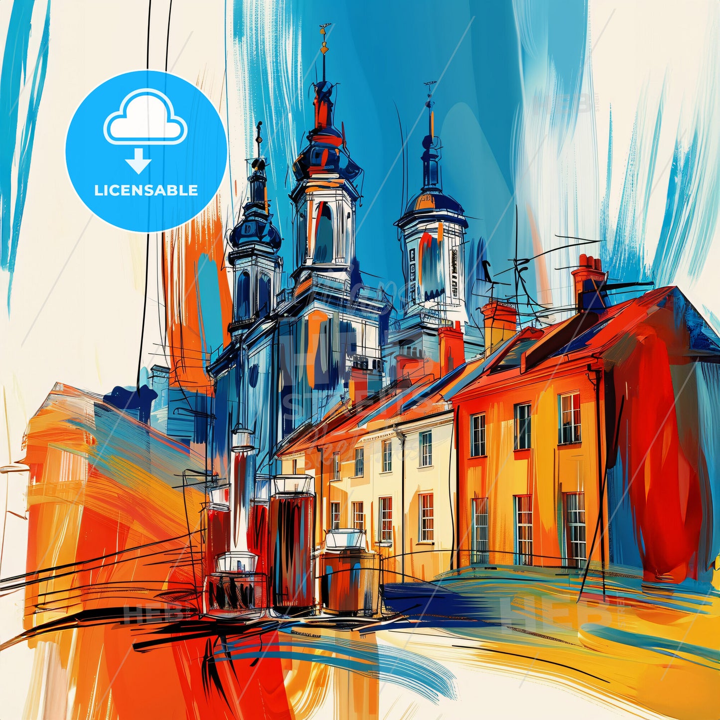 Vibrant Solihull, England - A Painting Of A Building With Towers And A Red And Blue Sky