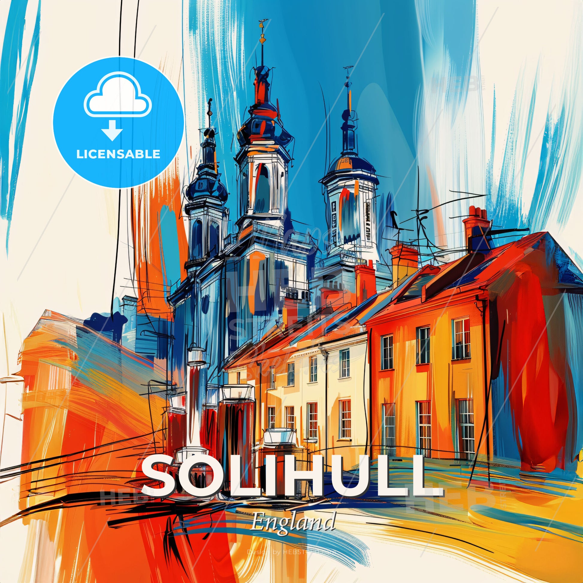 Vibrant Solihull, England - A Painting Of A Building With Towers And A Red And Blue Sky - Square format print template