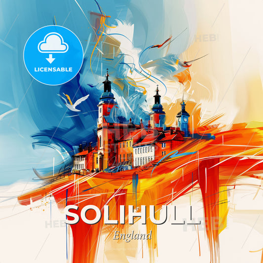 Vibrant Solihull, England - A Painting Of A Building With Towers And Birds Flying - Square format print template