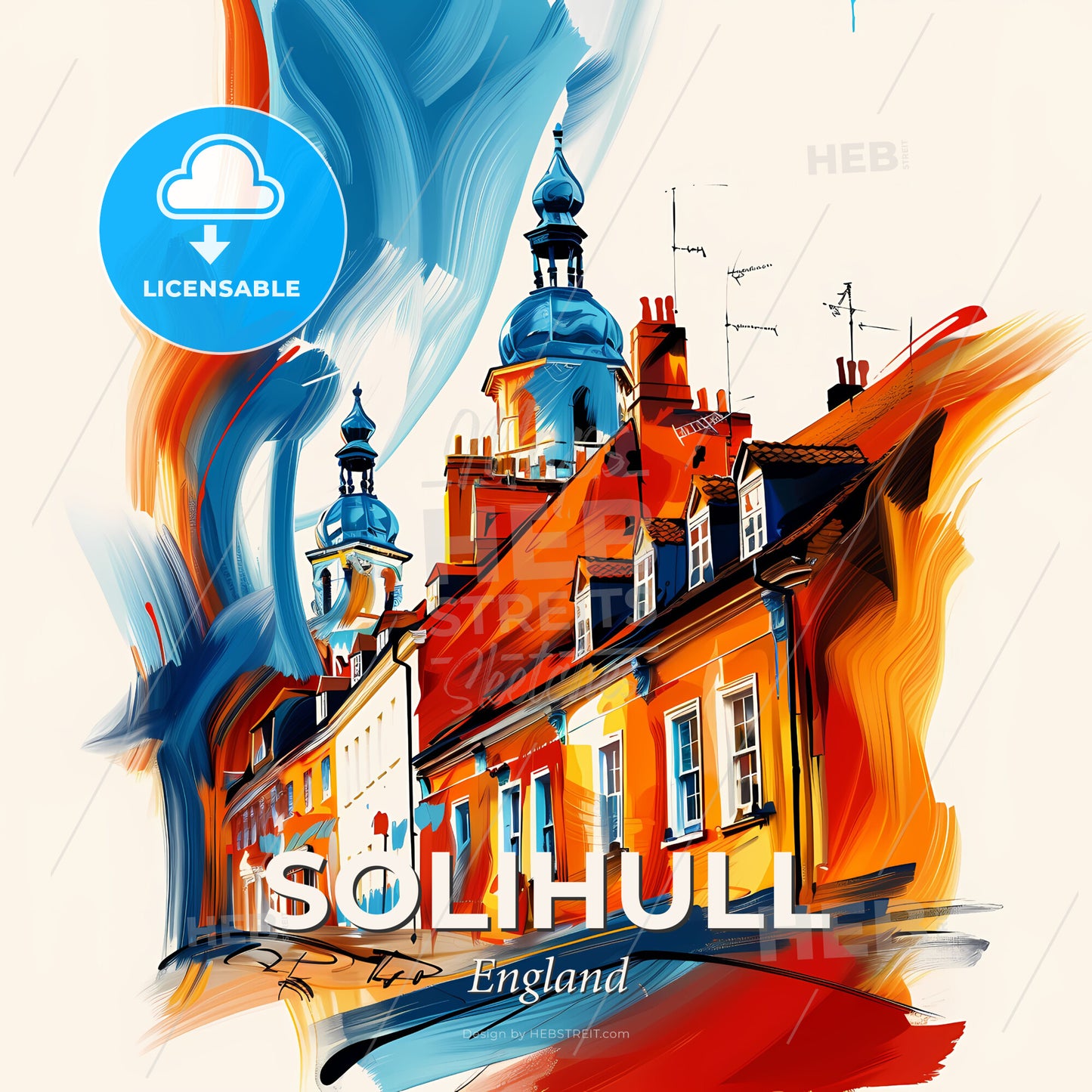 Vibrant Solihull, England - A Painting Of A Building With A Tower - Square format print template