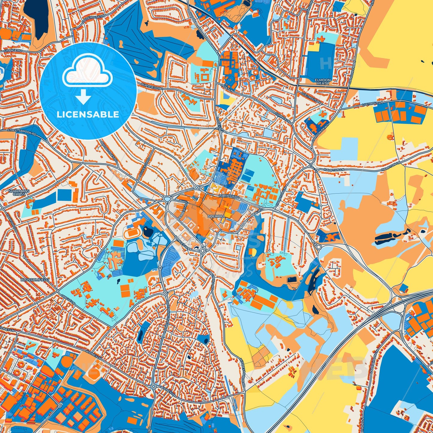 Colorful Solihull Street Map with Labels and Buildings