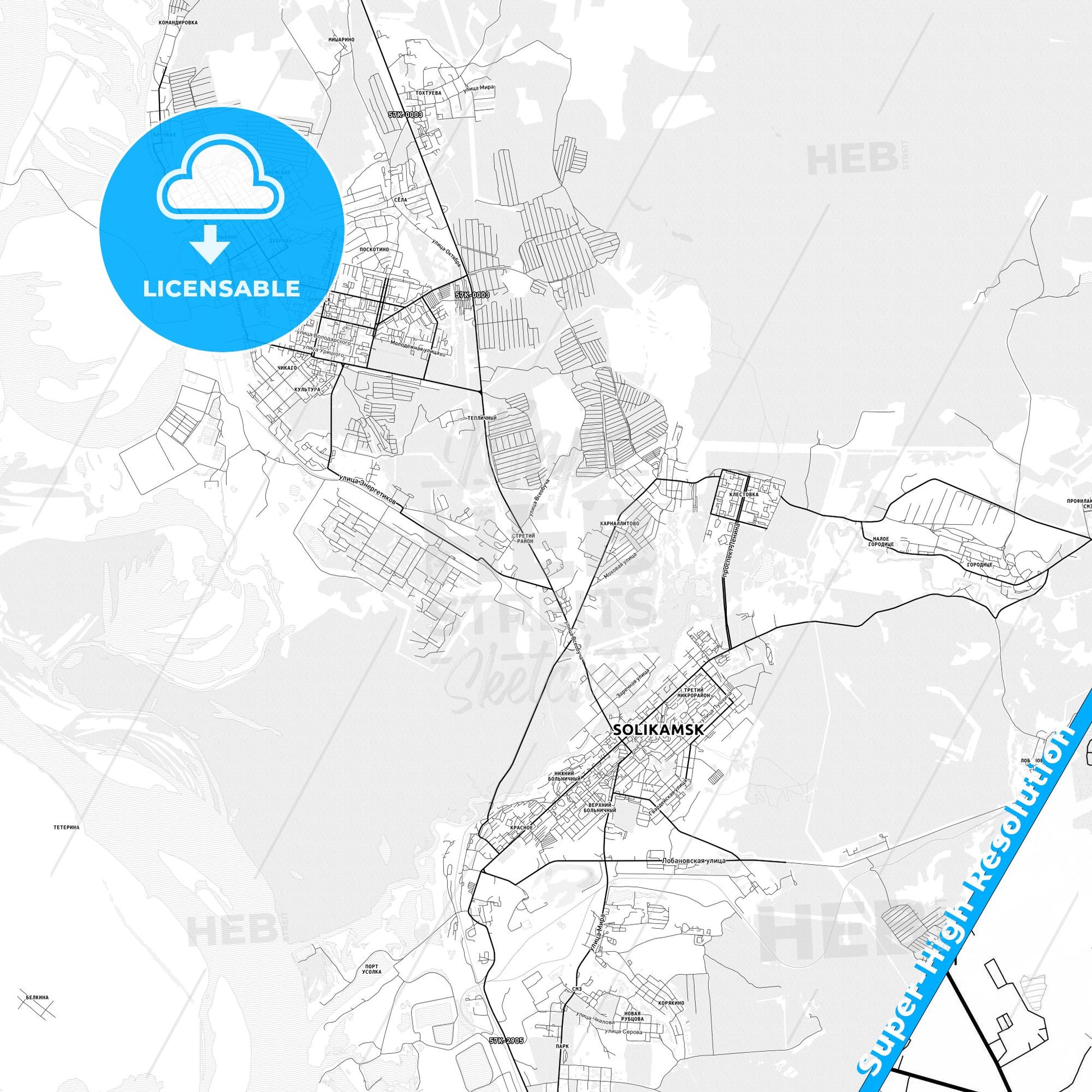 Solikamsk, Russia light map with streetnames, citynames and districts