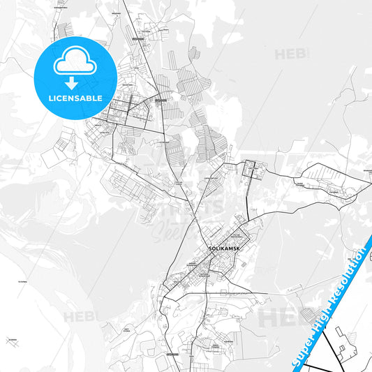 Solikamsk, Russia light map with streetnames, citynames and districts