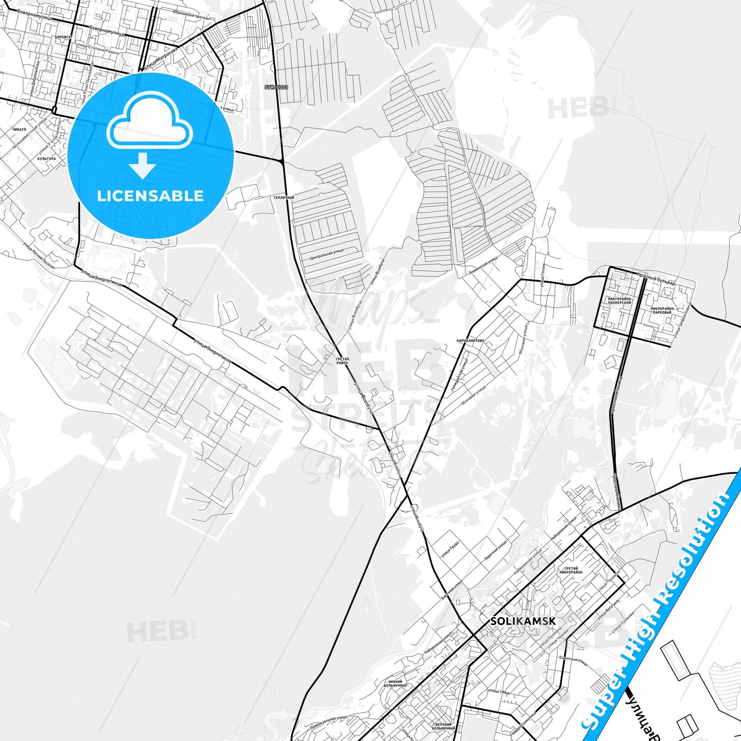 Solikamsk, Russia Light Map with Street Names, City Names, and Districts