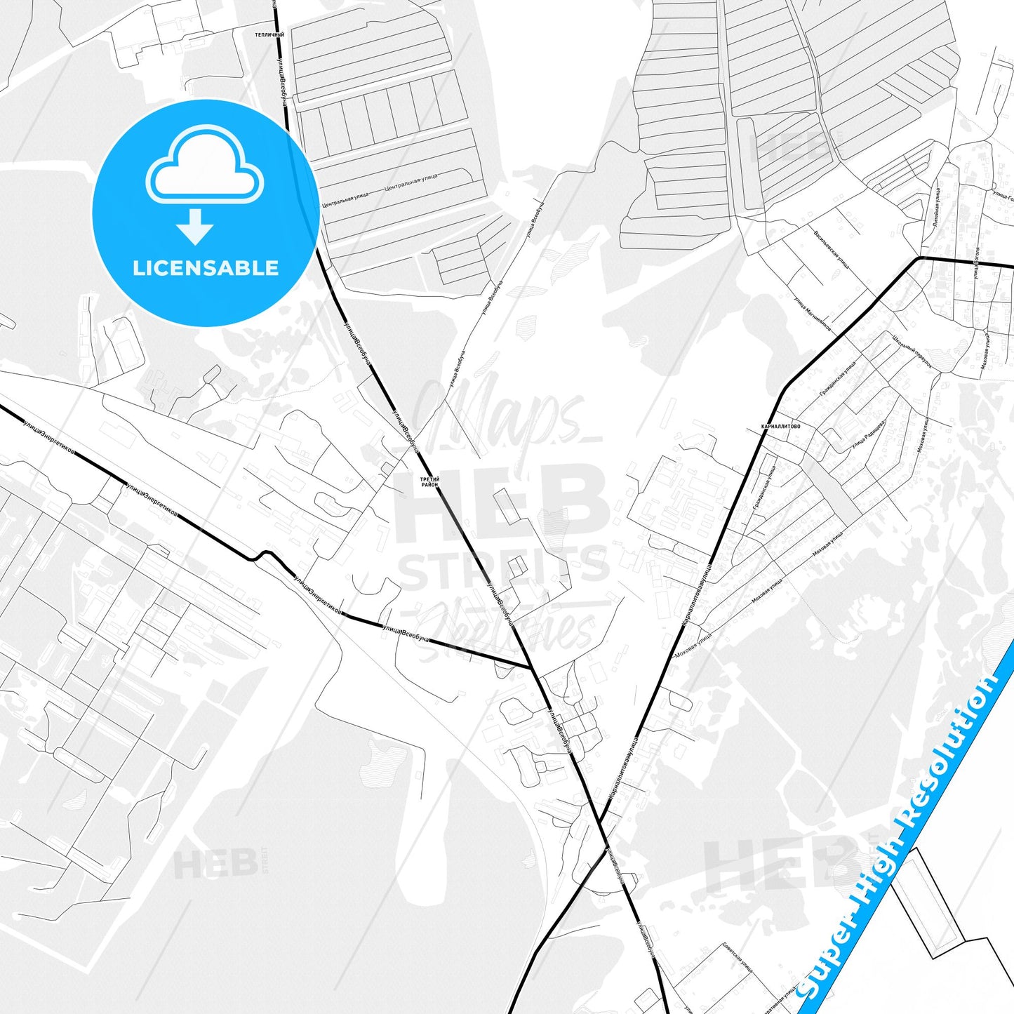 Solikamsk, Russia Light Map with Street Names, City Names, and Districts