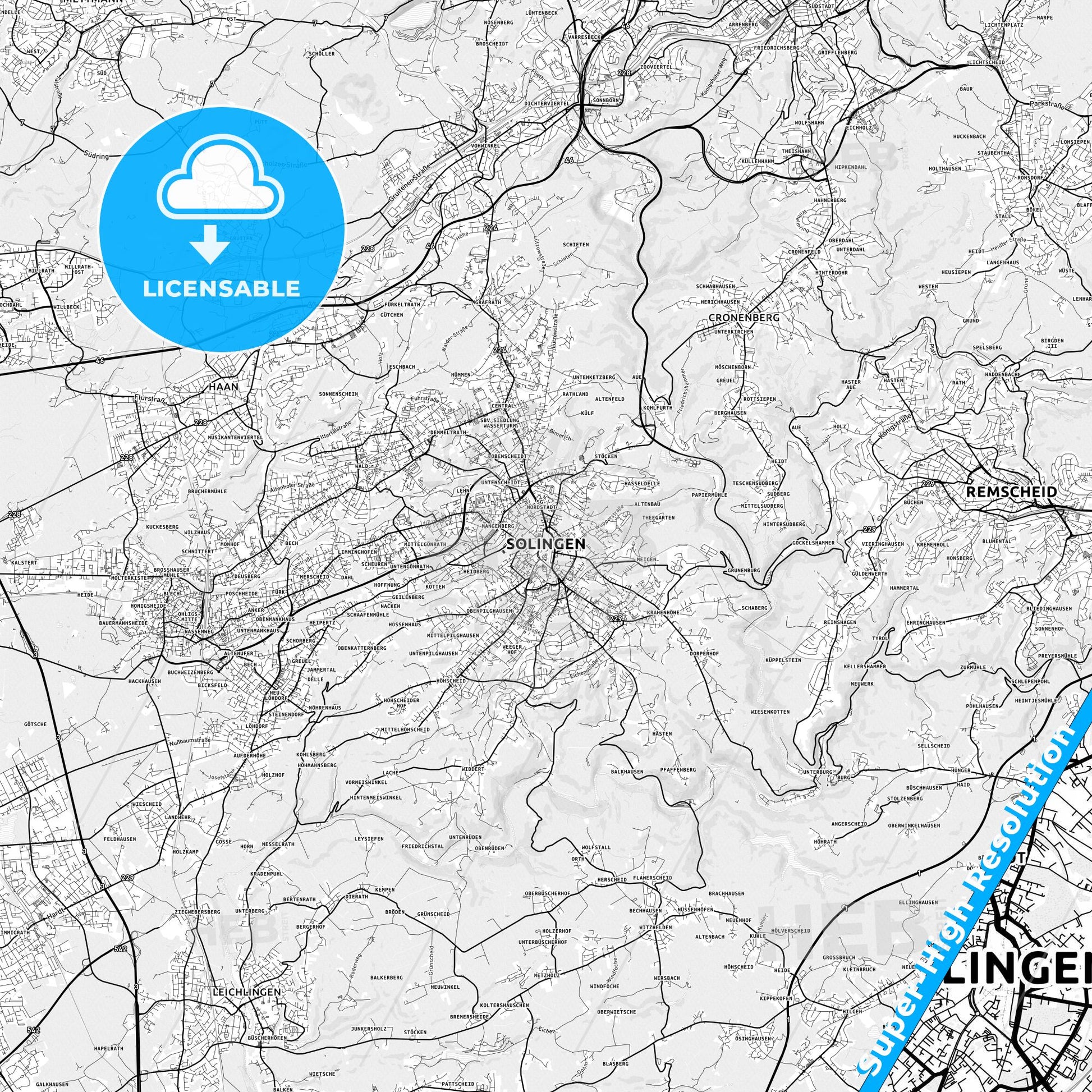 Solingen, Germany light map with streetnames, citynames and districts