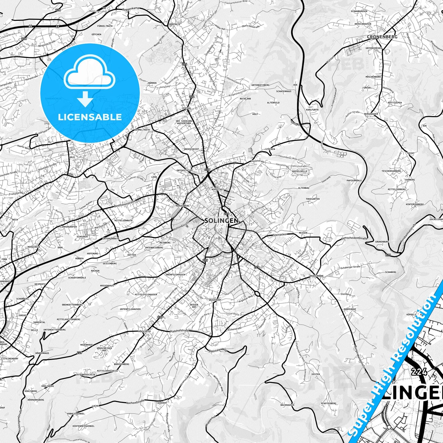 Solingen, Germany Light Map with Street Names, City Names, and Districts