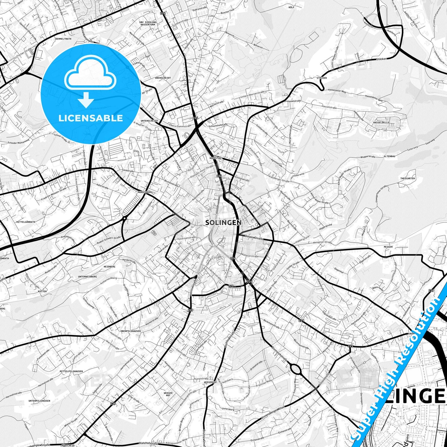 Solingen, Germany Light Map with Street Names, City Names, and Districts