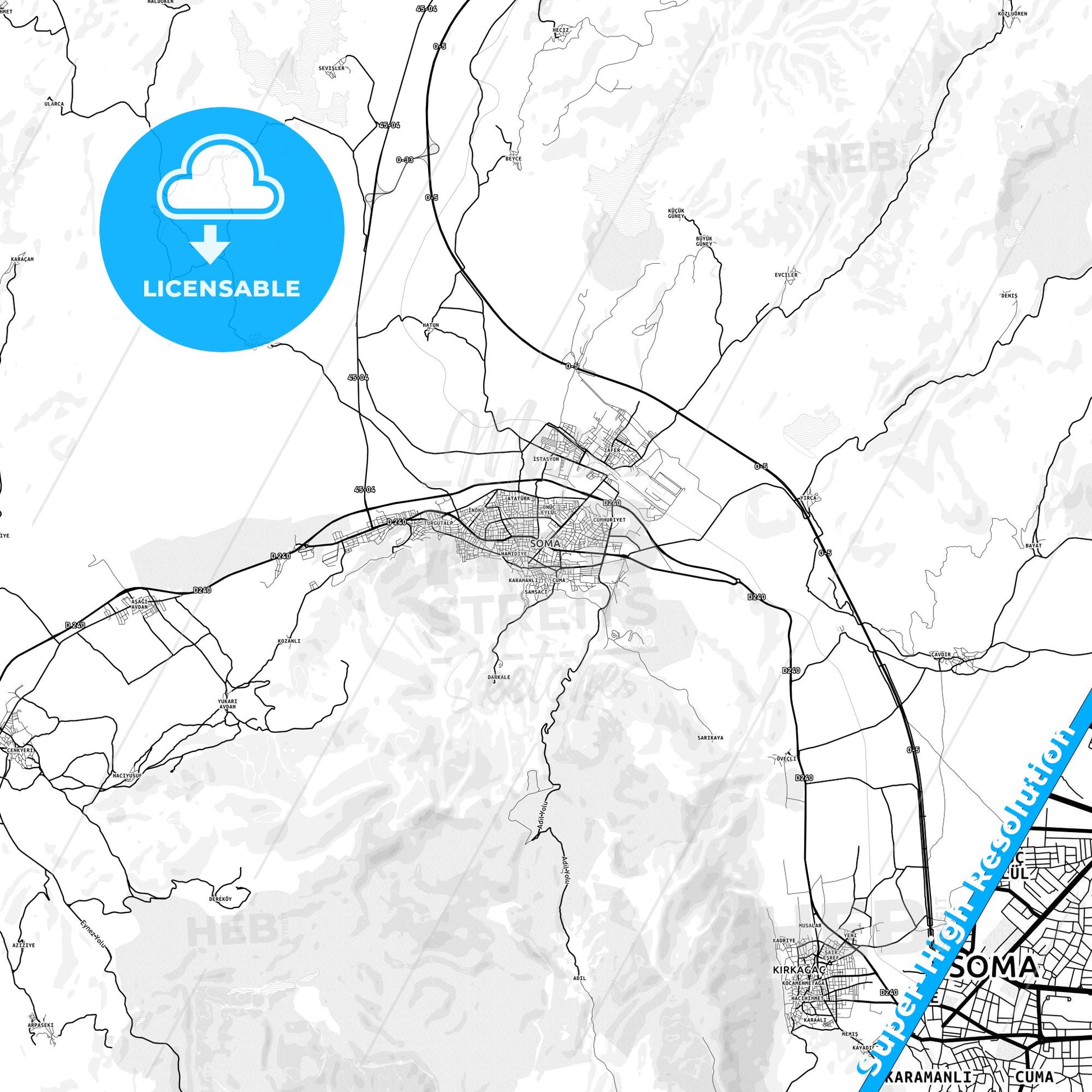 Soma, Turkey light map with streetnames, citynames and districts