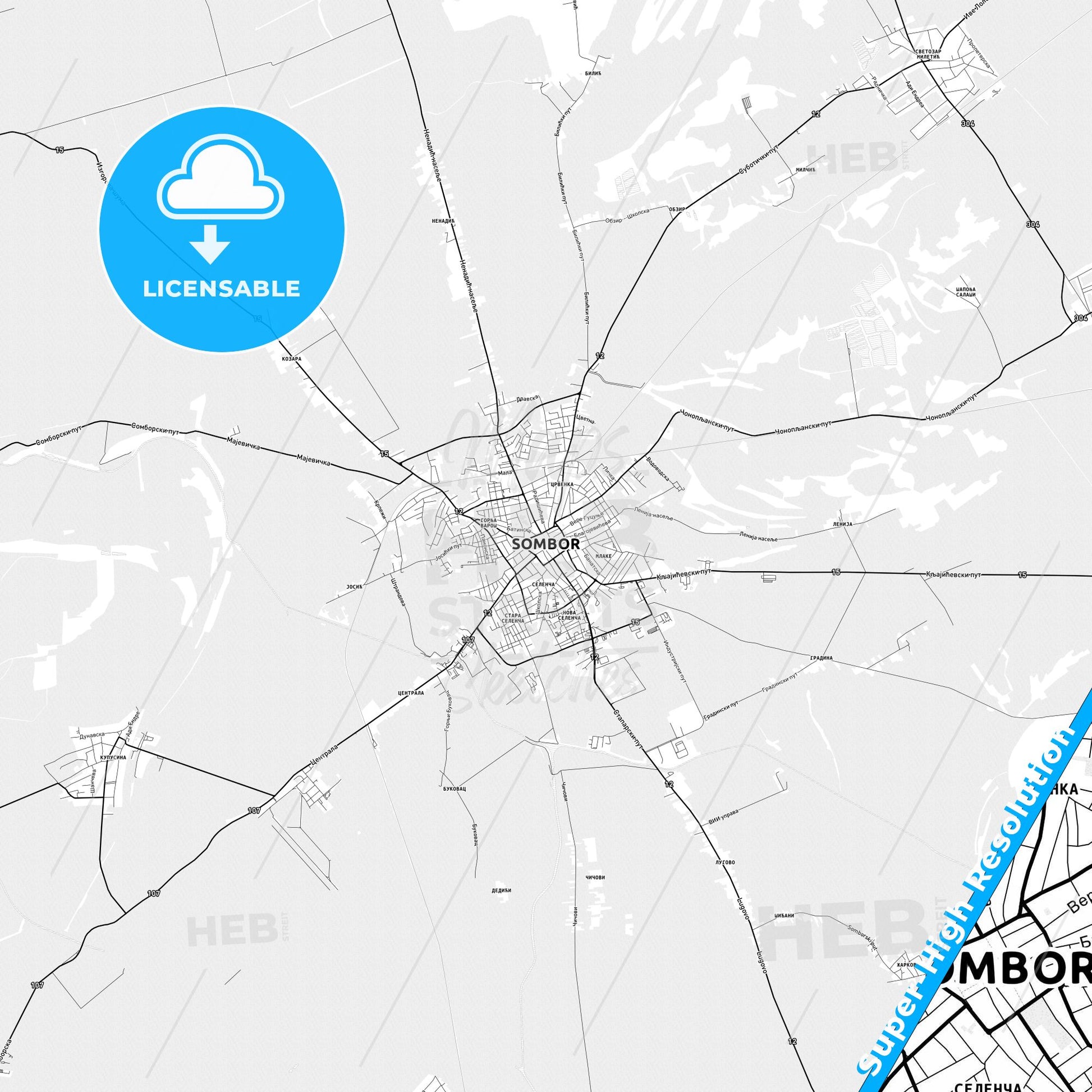 Sombor, Serbia light map with streetnames, citynames and districts