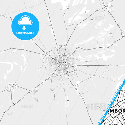 Sombor, Serbia light map with streetnames, citynames and districts