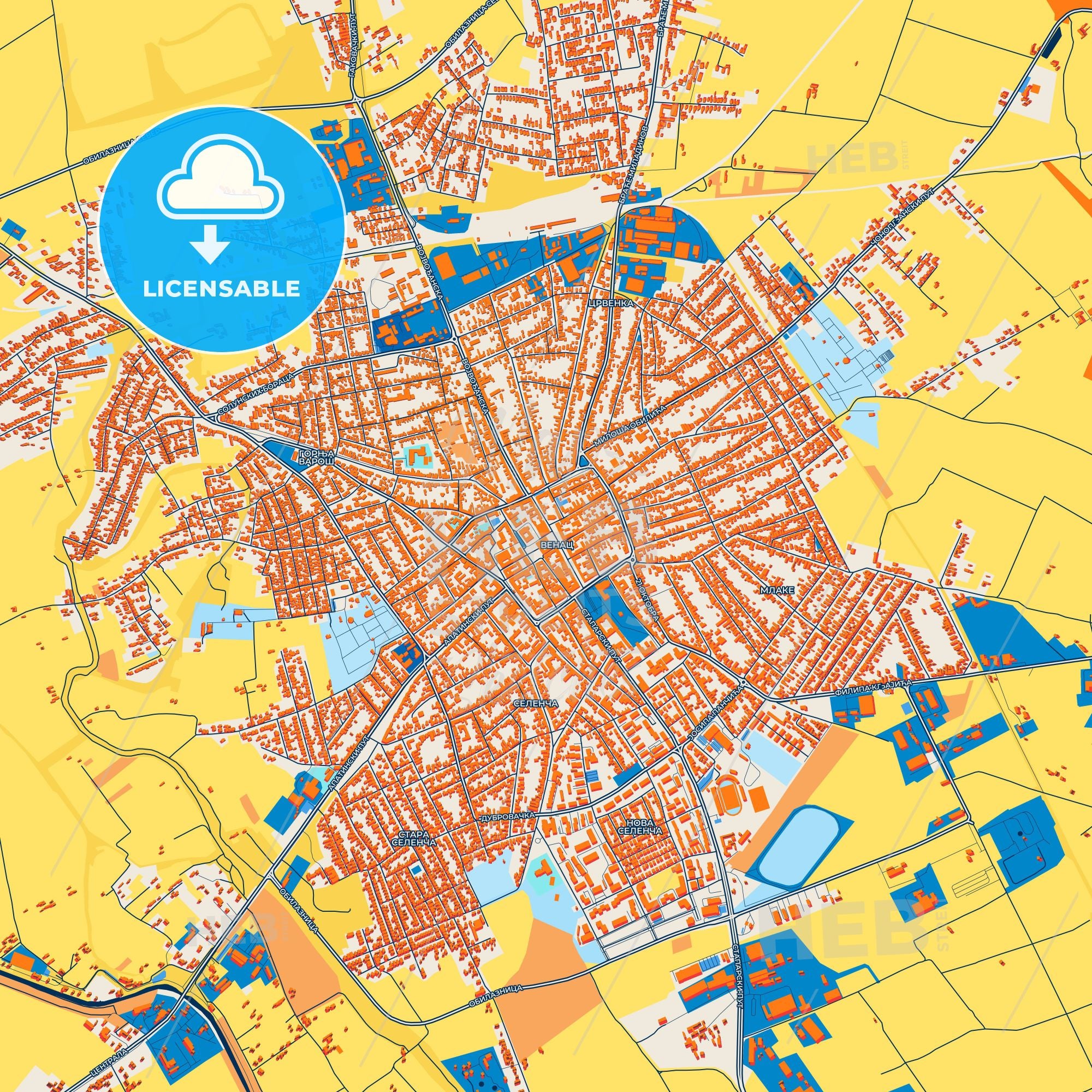 Colorful Sombor Street Map With Labels And Buildings – HEBSTREITS