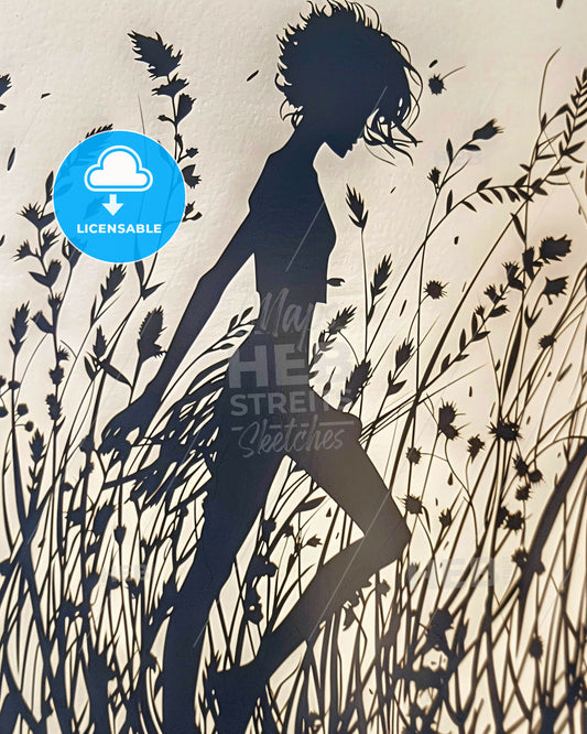 Flourished Flowery Field Fine Art Print - A silhouette of a woman in a field of grass