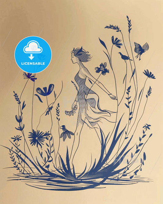 Flowmeadow - Simple Lines Tranquil Scene - A drawing of a woman in a dress and flowers