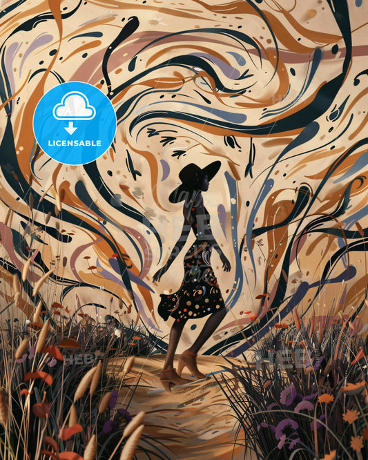 Meadow Wanderer in Bold Lines and Hues - A woman walking in a field